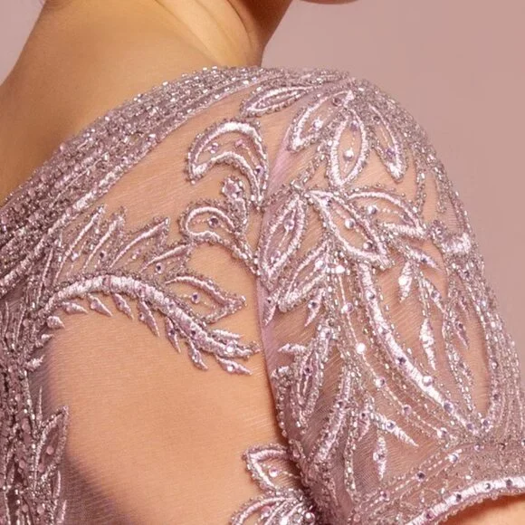 NEW LONG CHIFFON A-LINE DRESS WITH CAP SLEEVES EMBROIDERED WITH LACE GL2683 - Picture 11 of 13